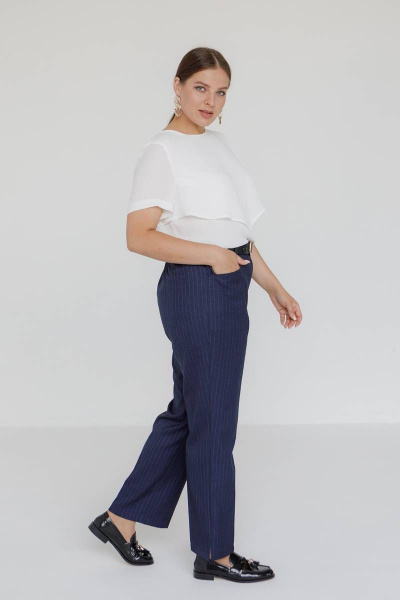Брюки классические прямые женские плюс сайз в тонкую полоску Ivera 2032 синий, белый - фото 5