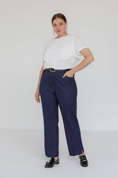 Брюки классические прямые женские плюс сайз в тонкую полоску Ivera 2032 синий, белый - фото 1