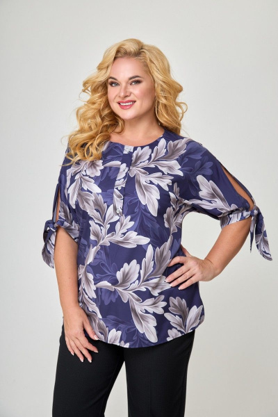 Синяя блуза с вырезом лодочкой и цельнокроенными рукавами Anelli 1116 синий - фото 3