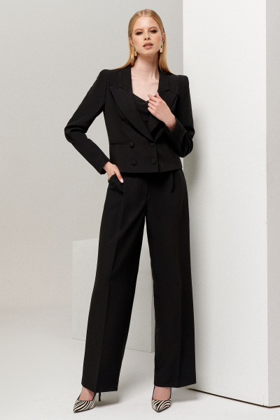 Деловый трикотажный укороченный жакет с пуговицами и вырезом Панда 122030w черный - фото 1