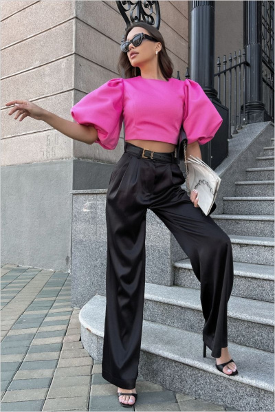 Брюки из атласа с отрезным поясом и свободным кроем ENZA 306 черный - фото 1