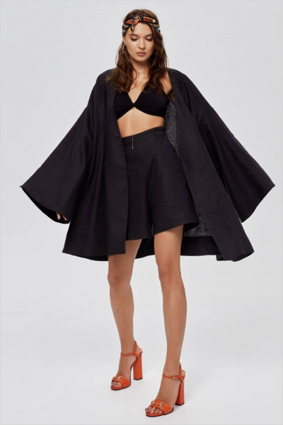 Ленчатый свободный кардиган с поясом для летнего образа ENZA 704 черный - фото 1