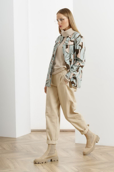 Голубая и коричневая рубашка из вискозы с принтом для делового стиля Noche mio 6.411 - фото 1