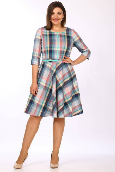 Платье расклешенное с V-образным вырезом и отрезной талией Lady Style Classic 580 мультиколор_"Клетка" - фото 1