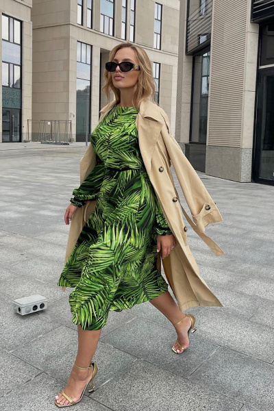Летнее зеленое платье из вискозы с цифровым принтом Pavlova 150 пальмовые_ветви - фото 1