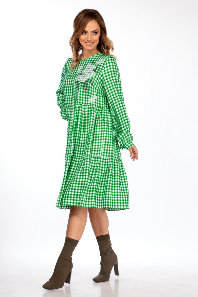 Платье демисезонное свободное в клетку с вышивкой Michel chic 2107 зеленый - фото 5
