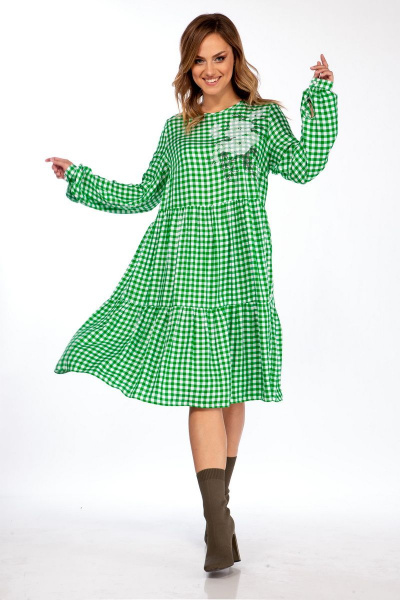 Платье демисезонное свободное в клетку с вышивкой Michel chic 2107 зеленый - фото 1