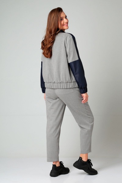 Демисезонный женский комплект жакет и брюки из ткани и эко-кожи Liona Style 855 синий - фото 2