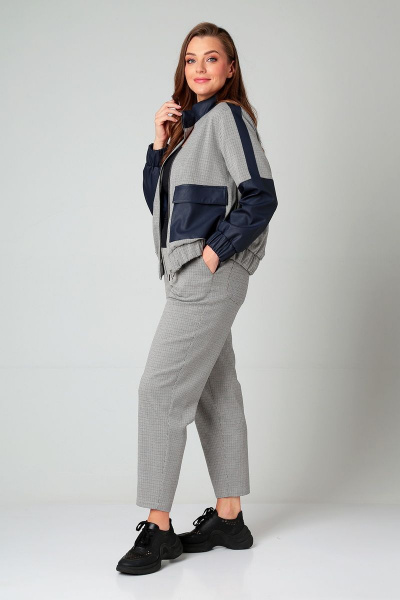 Демисезонный женский комплект жакет и брюки из ткани и эко-кожи Liona Style 855 синий - фото 4