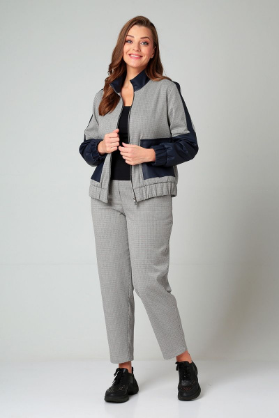 Демисезонный женский комплект жакет и брюки из ткани и эко-кожи Liona Style 855 синий - фото 1