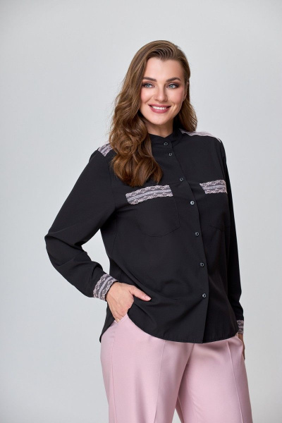 Блуза с кружевными деталями и накладными карманами Anelli 940 черный - фото 3