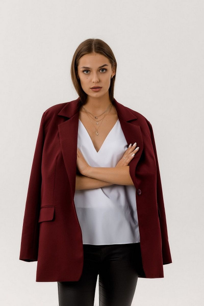 Классический жакет из костюмной ткани с подбородочным воротником Atelero 1005-В вишня - фото 7