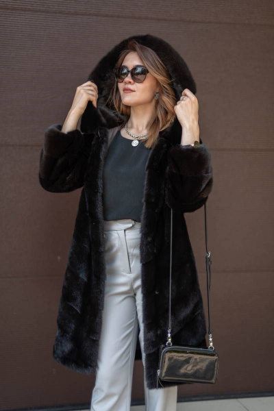 Пальто из норки с капюшоном и кулиской-90 см Мехофф Лада90.222-521 темно-коричневый - фото 1