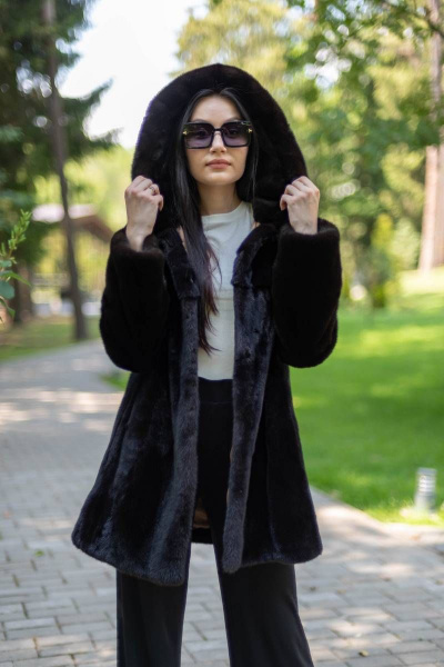 Полупальто из норки с капюшоном и фигуральными разрезами Мехофф Агата80.223-520 темно-коричневый - фото 4