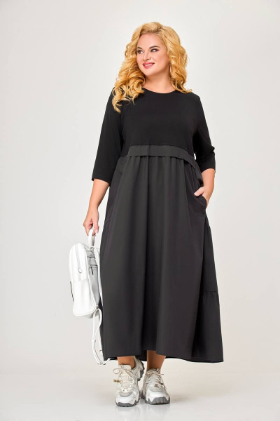 Платье макси из комбинированного трикотажа с карманами Swallow 606 черный - фото 9
