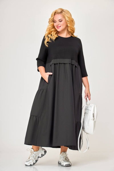 Платье макси из комбинированного трикотажа с карманами Swallow 606 черный - фото 8