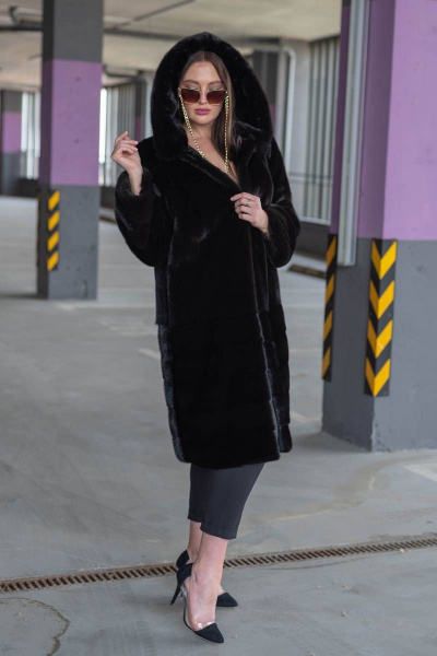 Пальто из меха норки под пояс с капюшоном и карманами Мехофф Виола105.223-521 темно-коричневый - фото 1