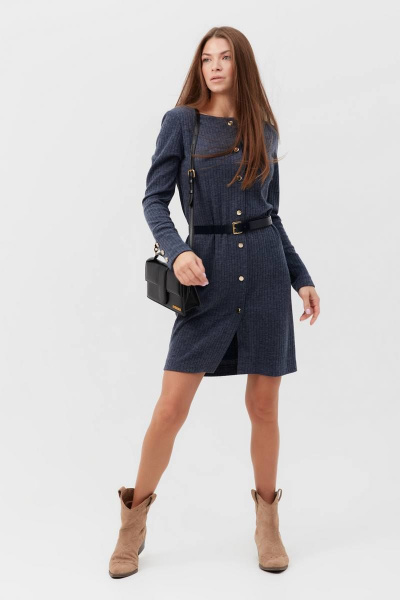 Демисезонное трикотажное платье мини с разрезом и пуговицами Condra 4375 синий-серый - фото 1