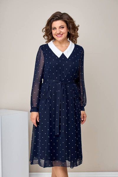 Платье полуприлегающее с рельефами и вырезом V Moda Versal П2399 т.синий_горох - фото 5