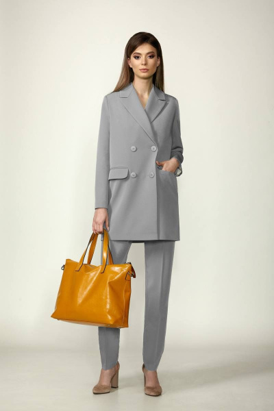 Брючный костюм с оверсайз жакетом из костюмной ткани серый Rosheli 1116 - фото 1