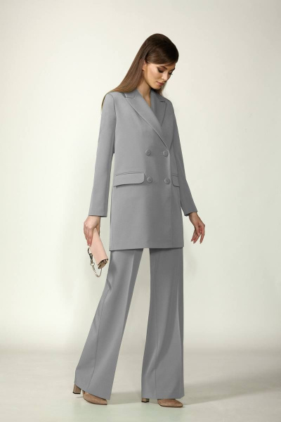 Брючный костюм с оверсайз жакетом из костюмной ткани серый Rosheli 1117 - фото 1