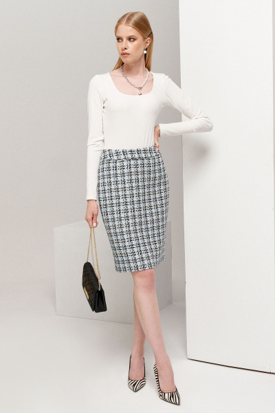 Юбка короткая трапеция из текстиля с геометричным принтом Панда 118650w голубой - фото 1