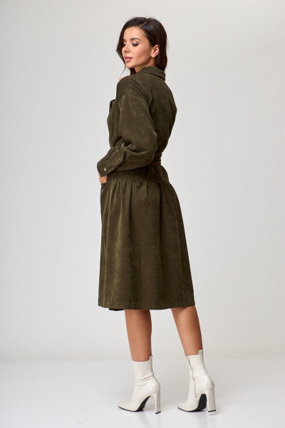 Платье с воланом, поясом и длинным рукавом из вельвета Anelli 1169 оливковый_хаки - фото 4