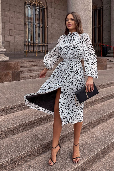 Платье-шифон с открытой спиной и разрезом миди Pavlova 151 бабочки_белый - фото 1