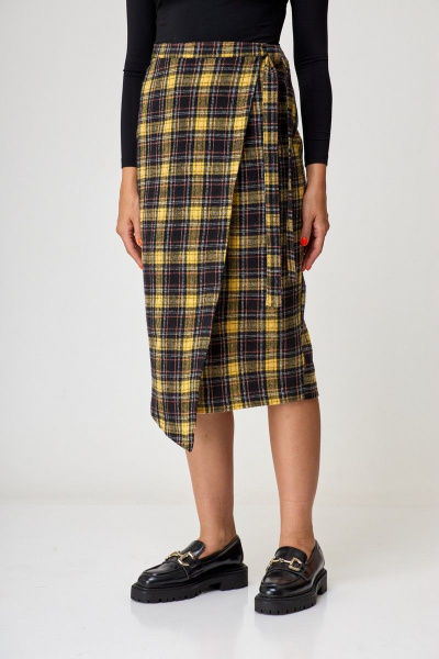 Юбка на запах с асимметричными деталями Anelli 1310 горчица+клетка - фото 3