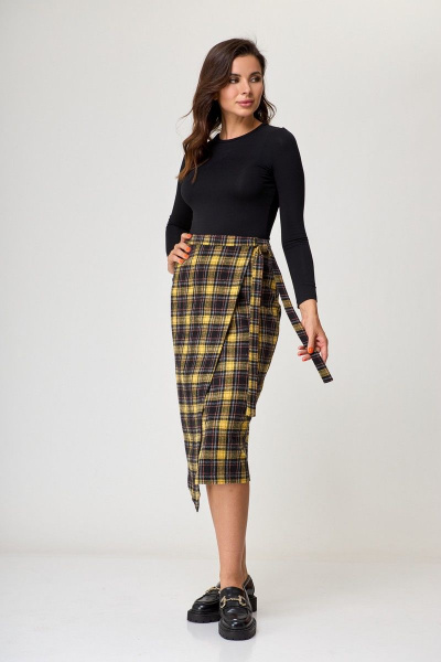 Юбка на запах с асимметричными деталями Anelli 1310 горчица+клетка - фото 1