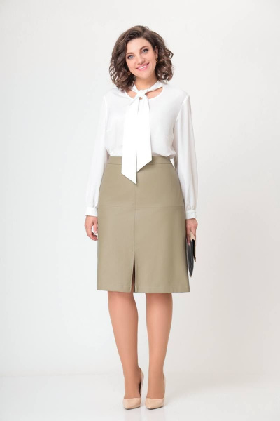 Юбка из экокожи с разрезом и притачным поясом, демисезонная Swallow 579 оливковый - фото 3