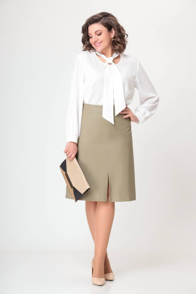 Юбка из экокожи с разрезом и притачным поясом, демисезонная Swallow 579 оливковый - фото 2