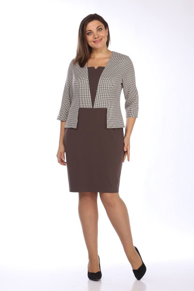 Платье полупрямого силуэта с V-образным вырезом и рельефами Lady Style Classic 762 кофейный_с_бежевым - фото 1
