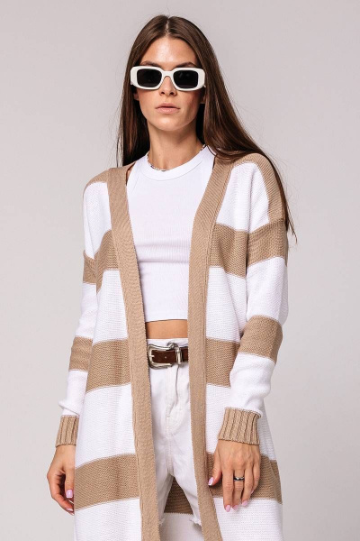 Кардиган женский бежевый с добавлением льна для демисезона Romgil 715ХТЗ бежевый,белый - фото 1