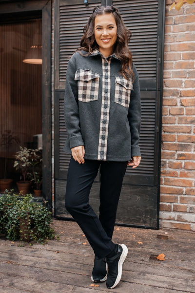 Рубашка оверсайз из трикотажа с манжетами Мода Юрс 2772 серый_клетка - фото 2