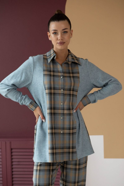 Комбинированная шерстяная рубашка с кокеткой и складками Ambera 303-1 песок - фото 1