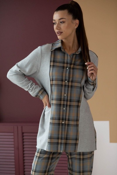 Комбинированная шерстяная рубашка с кокеткой и бантом Ambera 303-2 песок - фото 1