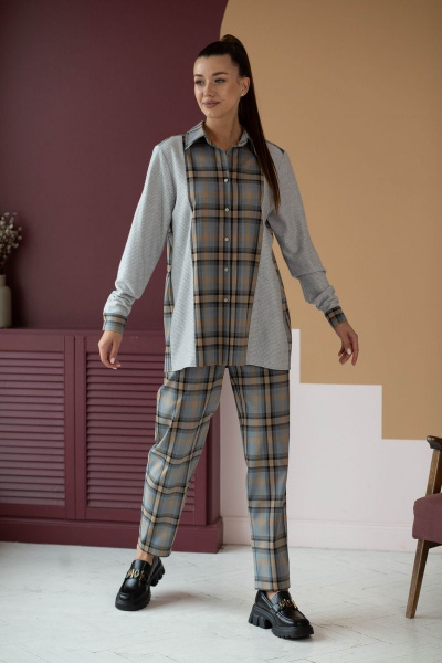 Комбинированная шерстяная рубашка с кокеткой и бантом Ambera 303-2 песок - фото 3