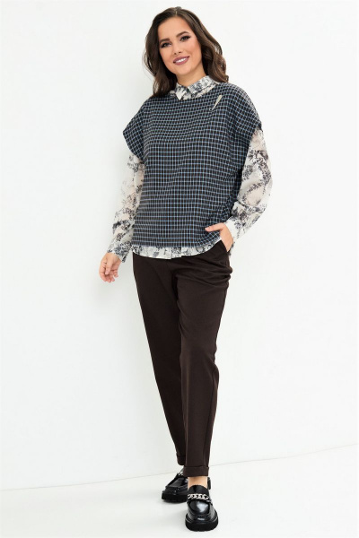 Блуза, брюки, жилет Магия моды 2133 голубая_клетка+шоколад - фото 4