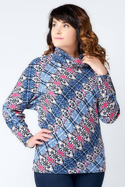 Свободный джемпер летучая мышь с воротником-хомут из трикотажа La rouge 31112 синий-набивной - фото 1