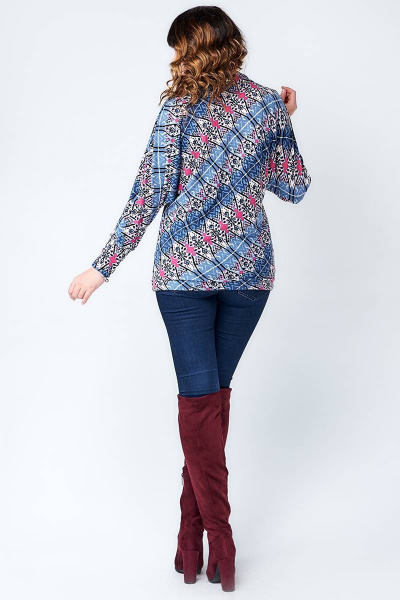 Свободный джемпер летучая мышь с воротником-хомут из трикотажа La rouge 31112 синий-набивной - фото 2