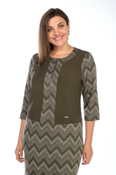 Платье полупрямое из трикотажа с имитацией жилета и разрезом Lady Style Classic 1677 хаки_с_серым - фото 3