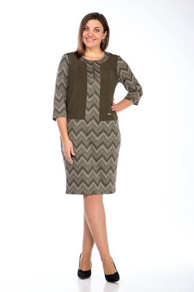 Платье полупрямое из трикотажа с имитацией жилета и разрезом Lady Style Classic 1677 хаки_с_серым - фото 2
