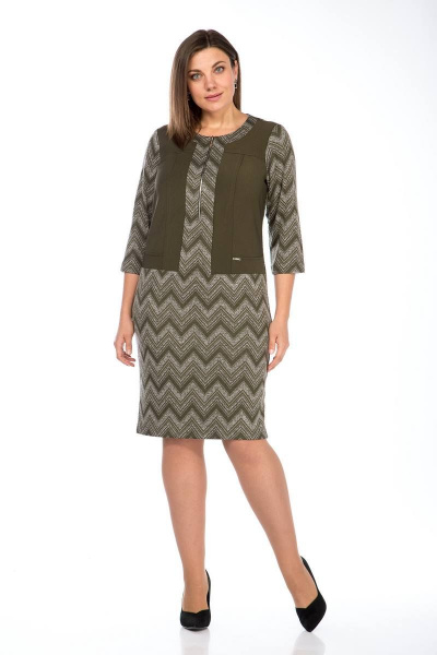Платье полупрямое из трикотажа с имитацией жилета и разрезом Lady Style Classic 1677 хаки_с_серым - фото 1