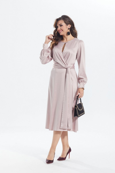 Приталенное платье с асимметричной полочкой и декоративным поясом MALI 422-084 пудра - фото 7