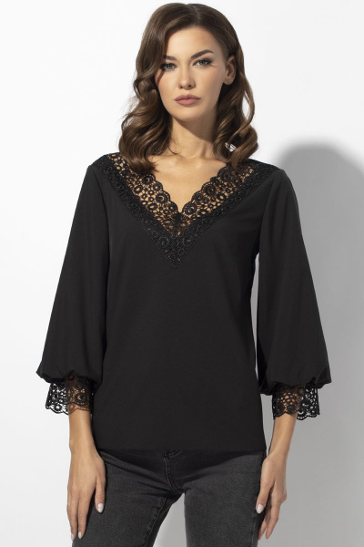 Блуза с кружевной отделкой и V-образным вырезом VIZAVI 675 черный - фото 9