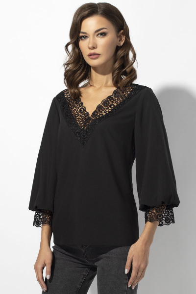 Блуза с кружевной отделкой и V-образным вырезом VIZAVI 675 черный - фото 8