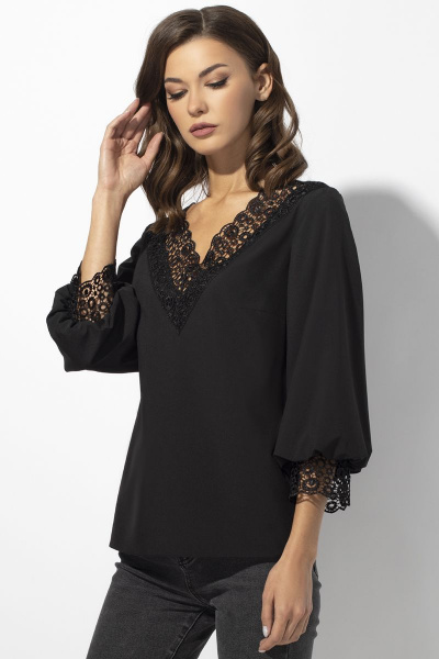Блуза с кружевной отделкой и V-образным вырезом VIZAVI 675 черный - фото 5