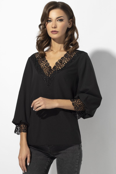 Блуза с кружевной отделкой и V-образным вырезом VIZAVI 675 черный - фото 4