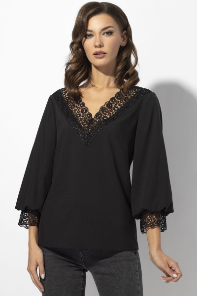 Блуза с кружевной отделкой и V-образным вырезом VIZAVI 675 черный - фото 3